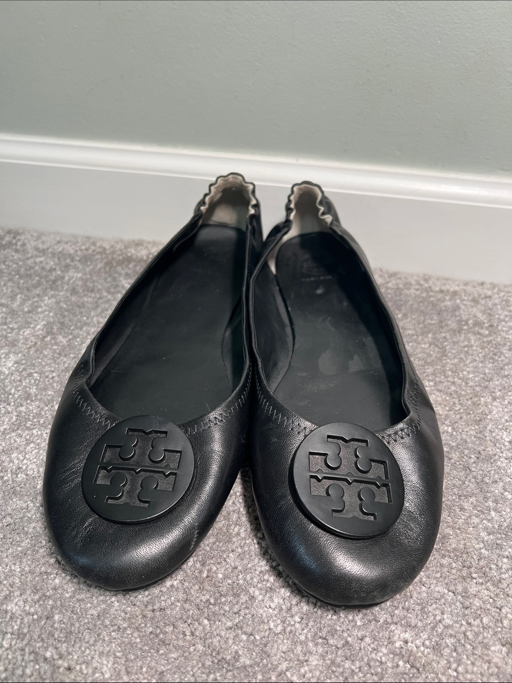 Tory Burch Minnie Travel Ballet Flats Black Leather Logo Women's Size 11